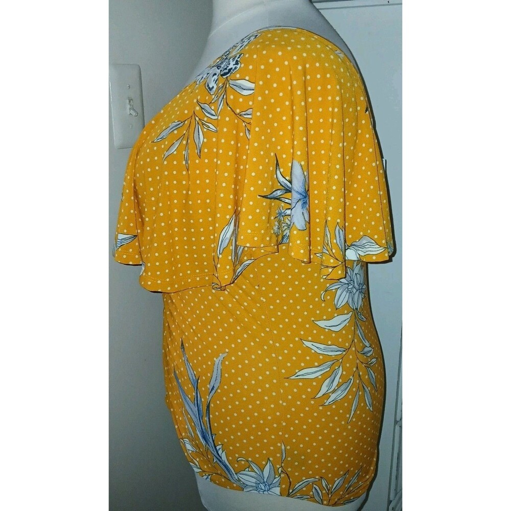 NWT ROUGE COLLECTION Womens 2X/1X Peasant Boho Polka Dot Floral Overlay Top Gold - Picture 7 of 11
